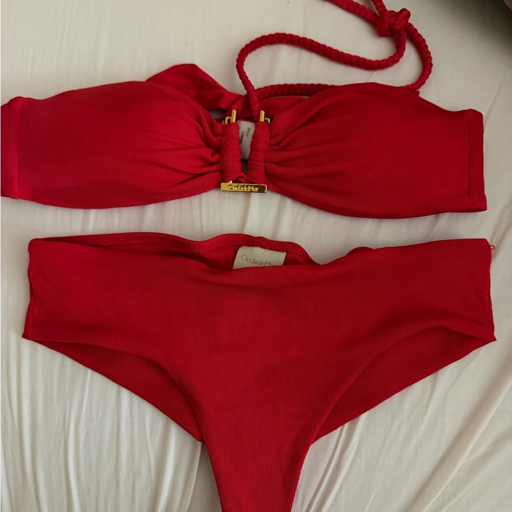 OndadeMar Red Ribbed Bikini with Gold Plate